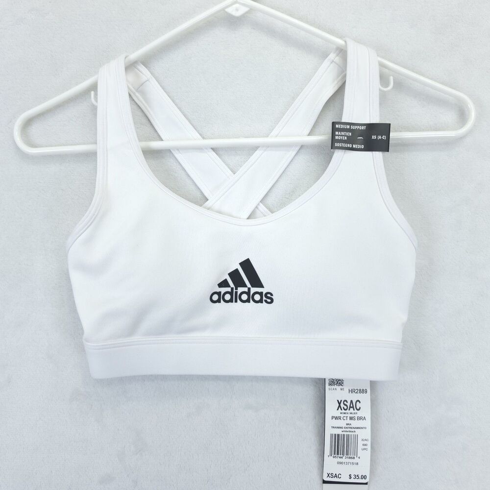 Adidas Women PowerReact Train Medium-Support White Bra Size 32 AC NWT HR2889